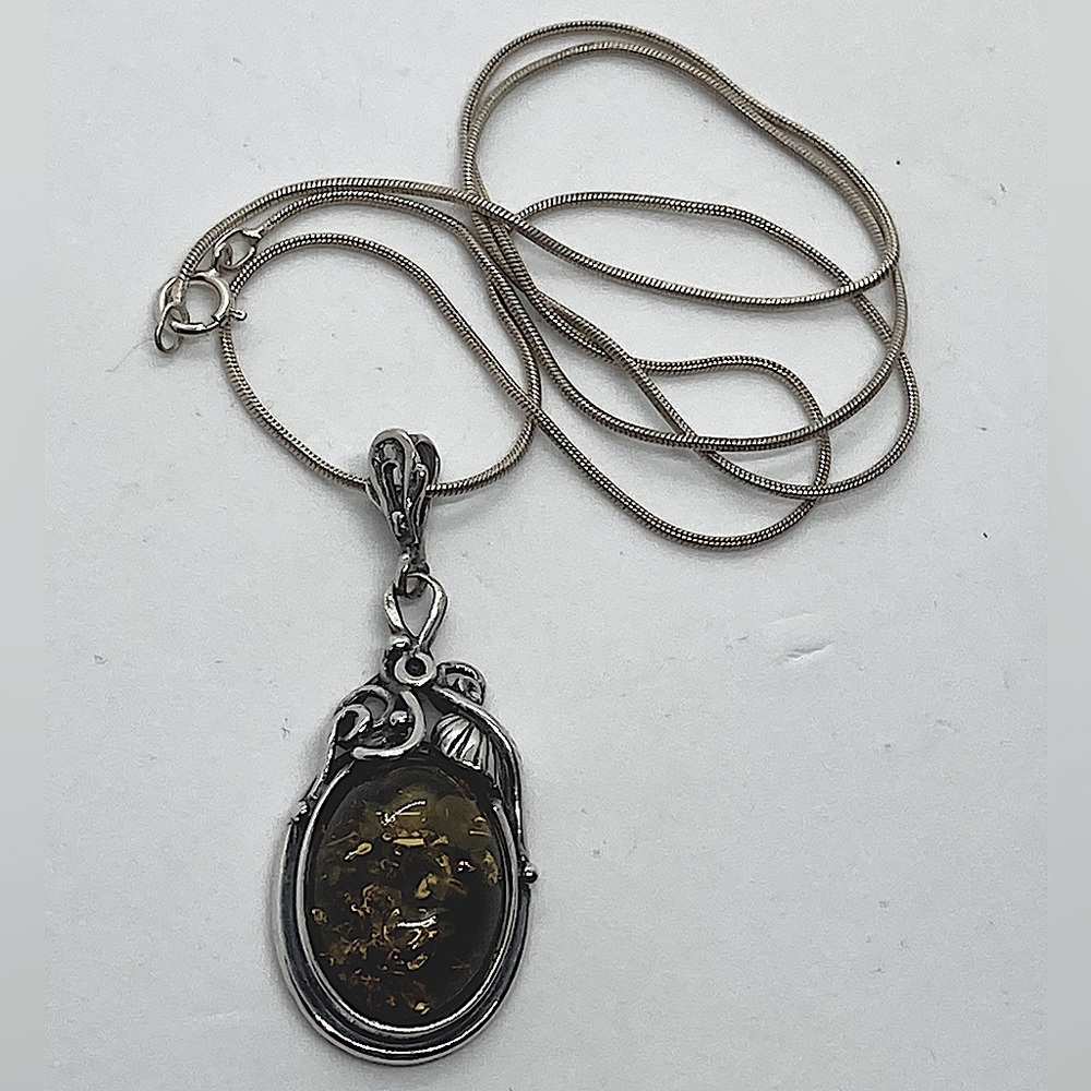 Vtg Sterling & Amber Floral Art Nouveau Revival Leaf & Vines Necklace 18” + 1.6”